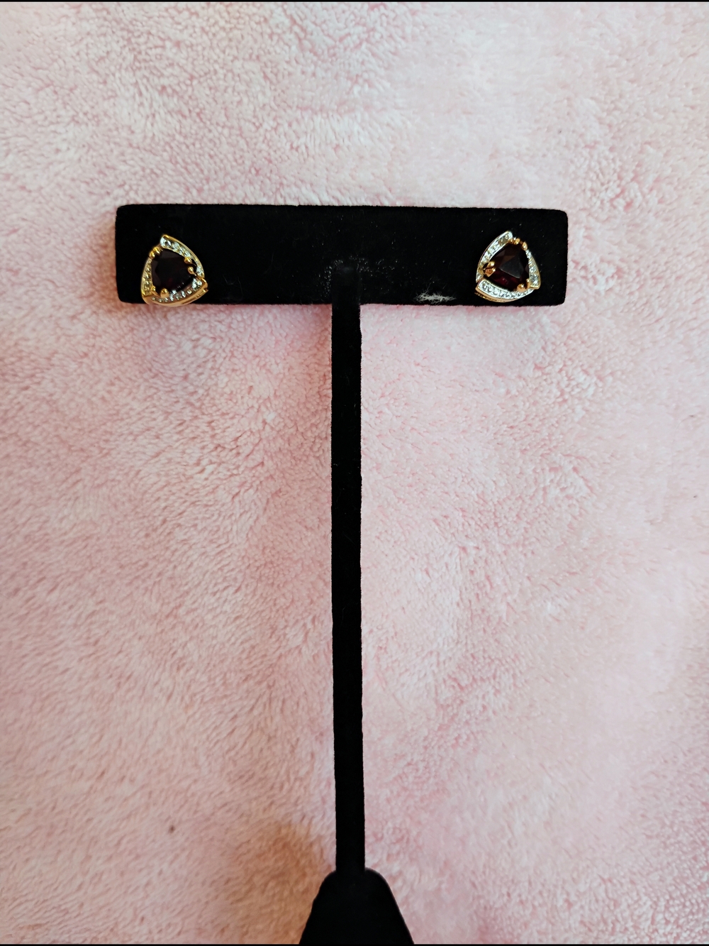 Gold-plated Garnet And Clear Crystal Halo Trillion Pierce Classy Earrings